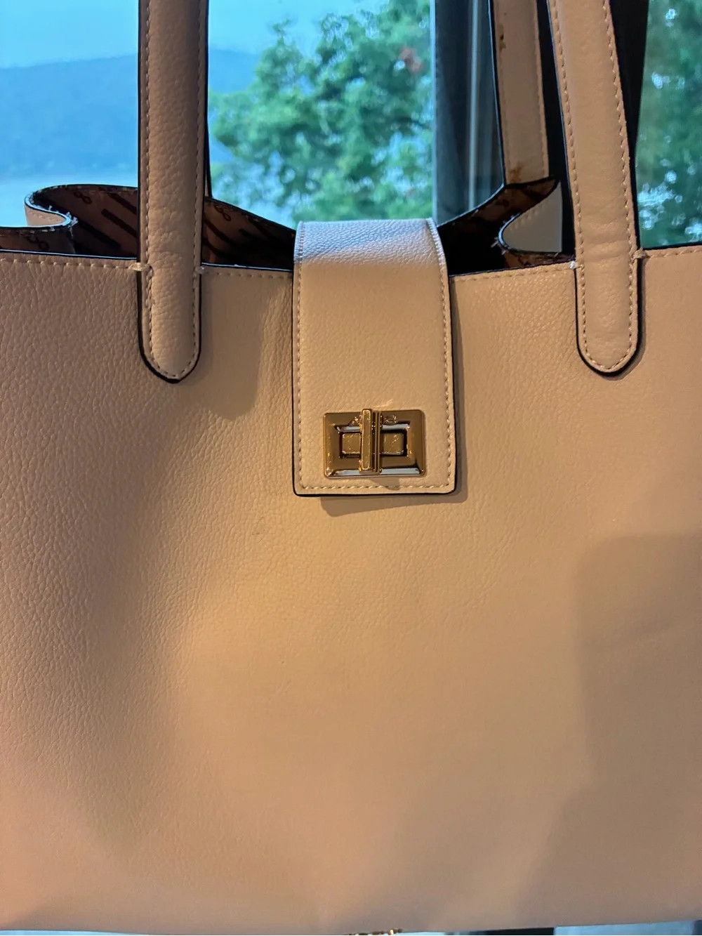 ALDO Ivory Cream Large Tote Shoulder Bag Gold Turn Lock Hardware